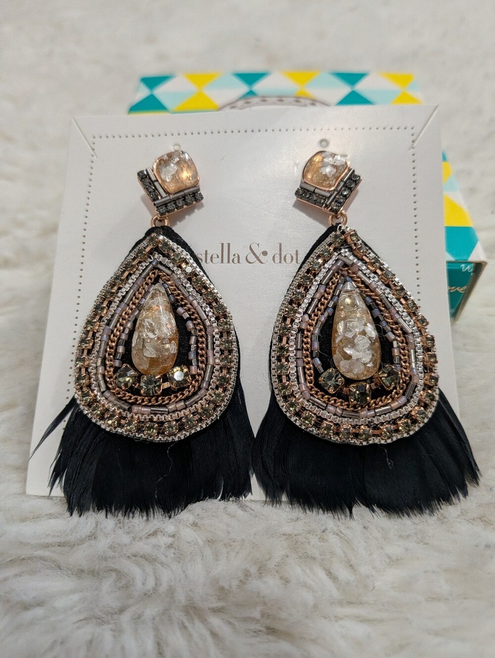 Stella & Dot 2in1 Crystal Feather Earrings Vintage Style Flapper Black Gold NIB